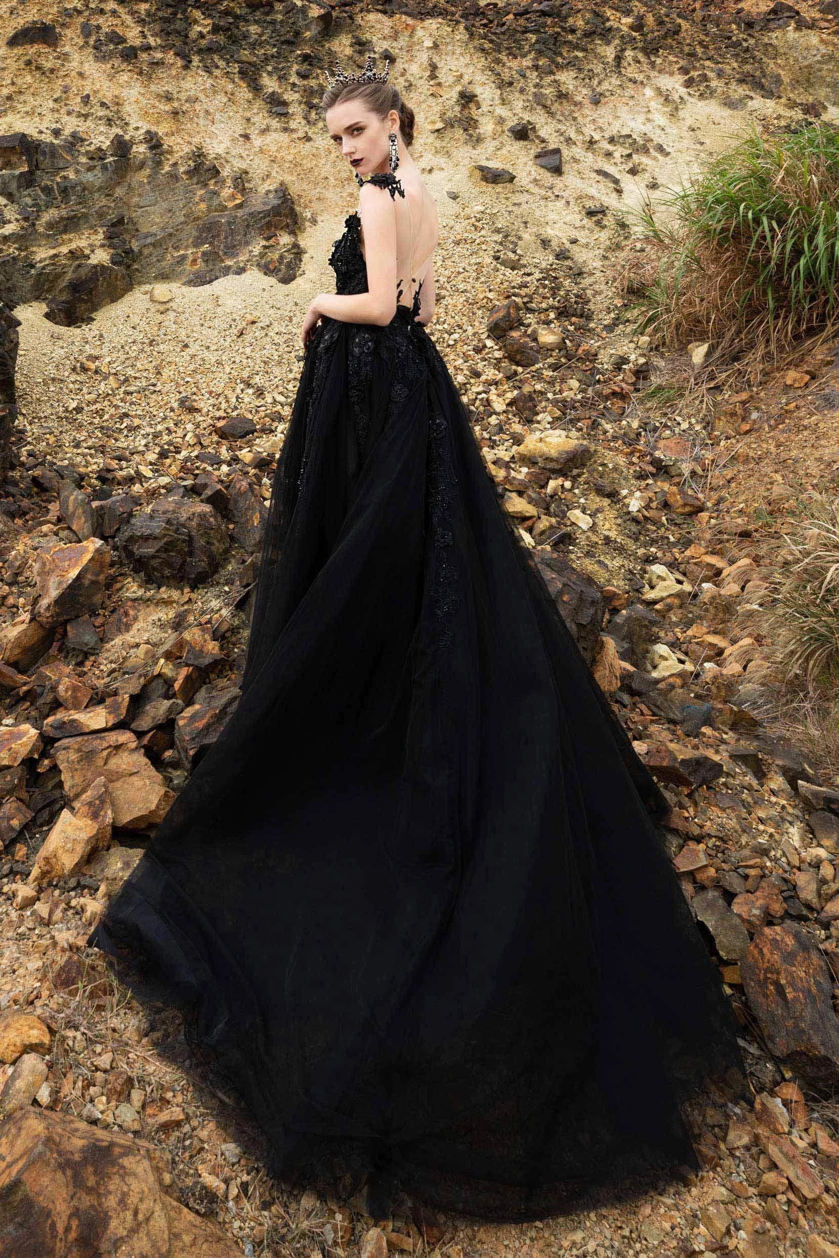 Vedress Black 3D Floral Illusion Low Back Gothic Ballgown Wedding Dress