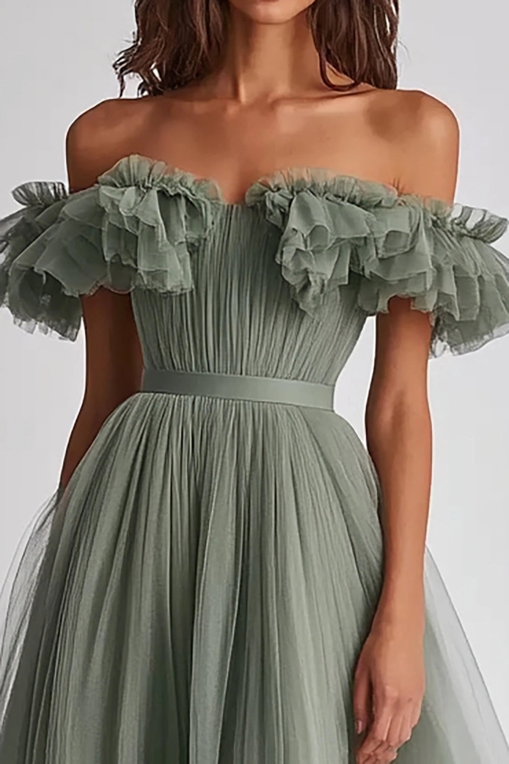 Vedress pleated bodice frilly sleeve waist belt bridesmaid gown close up