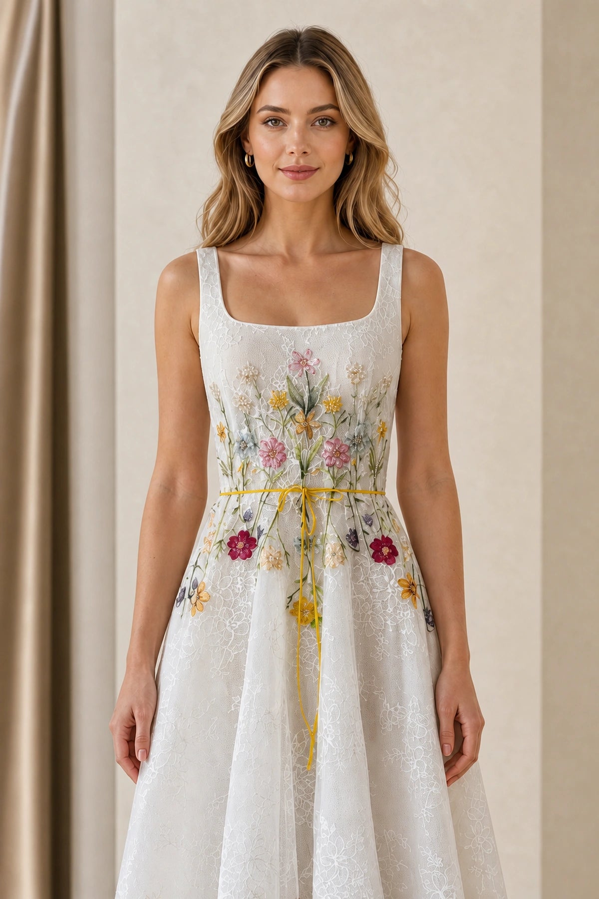 Floral Embroidered A-Line Square Neck Sleeveless Low Back Midi Garden Wedding Bridesmaid Dress