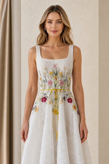 Floral Embroidered A-Line Square Neck Sleeveless Low Back Midi Garden Wedding Bridesmaid Dress