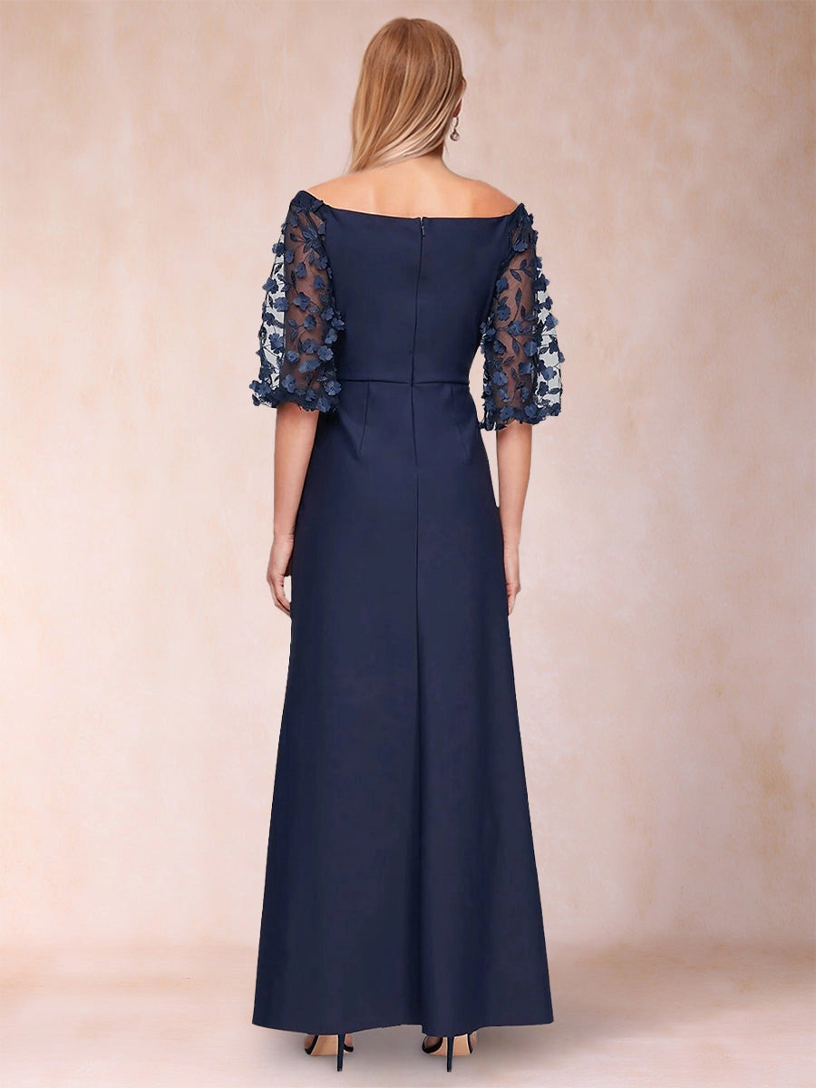 Back view Vedress off‑the‑shoulder mother dress,hidden zipper closure,floral sheer elbow sleeves,navy long evening gown