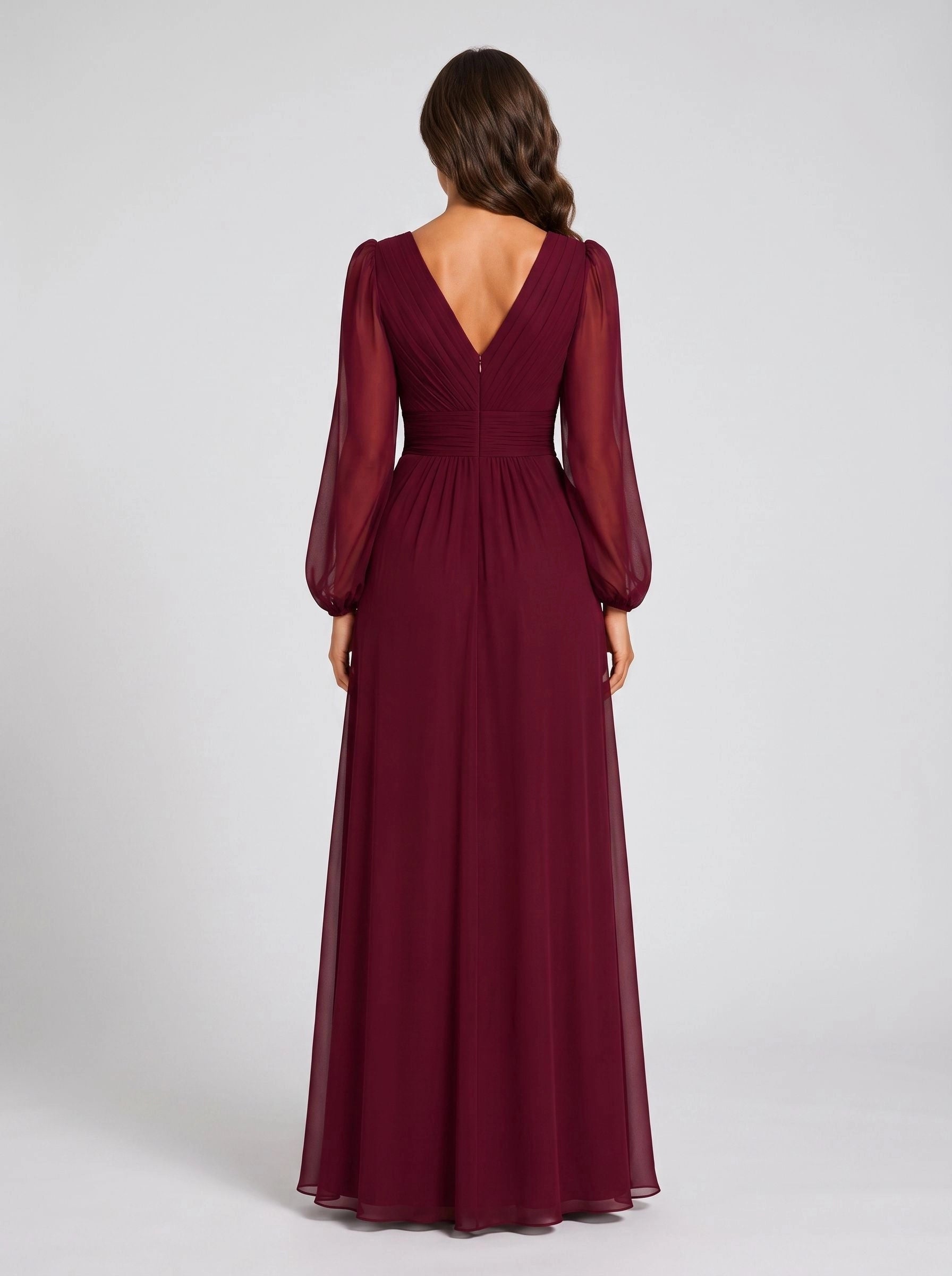 V‑back burgundy chiffon ruched waist formal mother of bride evening gown