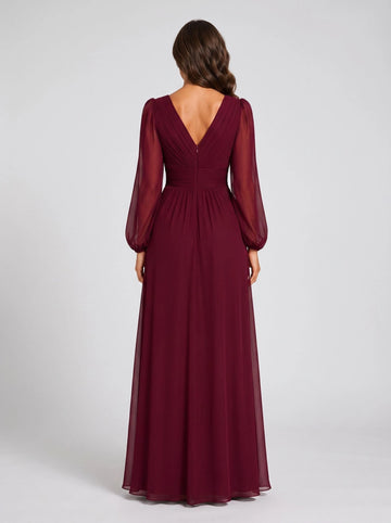 V‑back burgundy chiffon ruched waist formal mother of bride evening gown