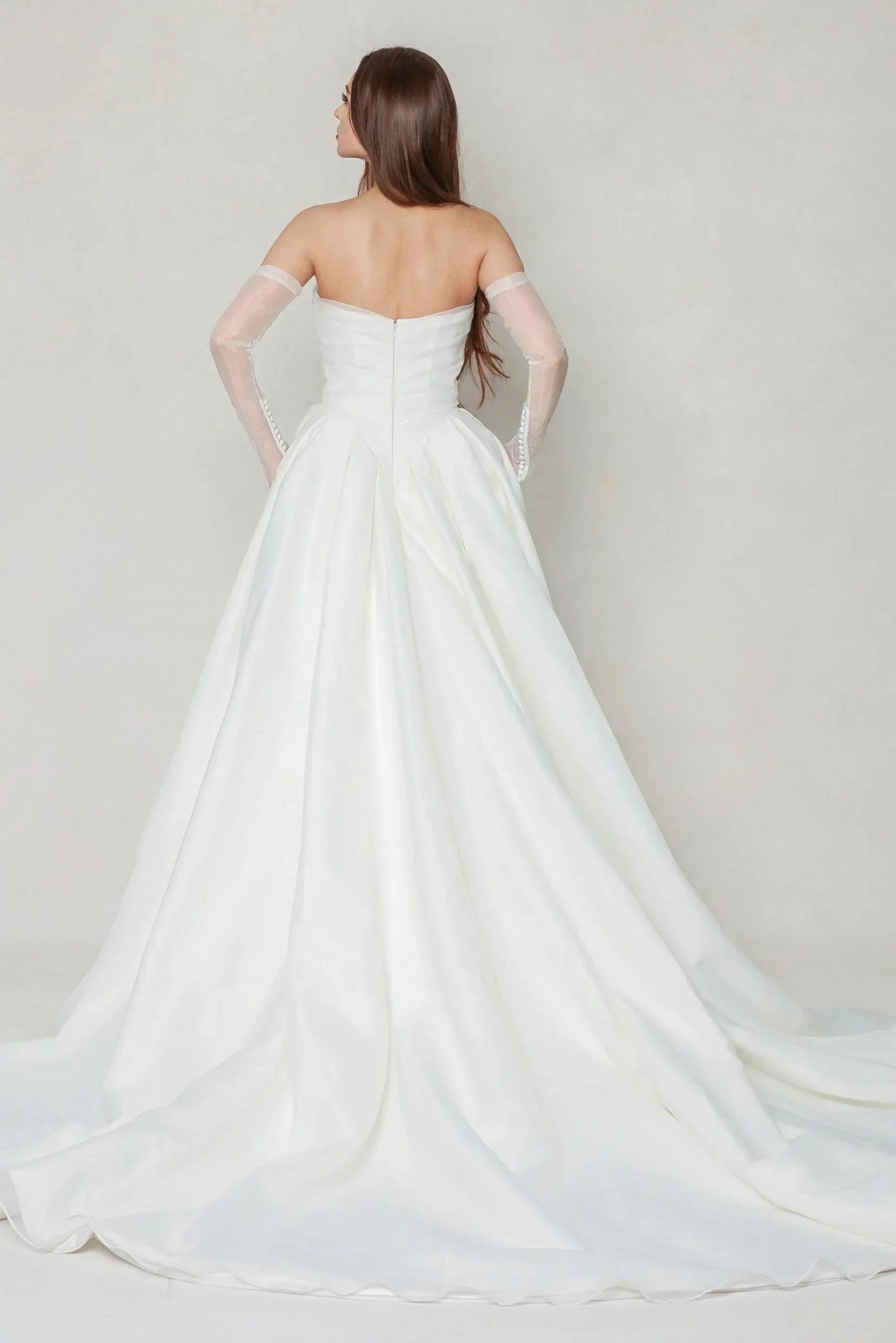 Elegant Ballgown Strapless Detachable Long Sleeve Plain Back Cathedral Train Bridal Wedding Dress