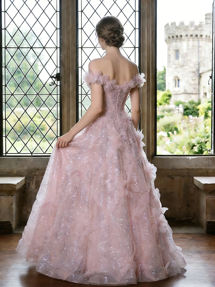 Back‑side shot Vedress 3D floral off‑shoulder pink bridal gown with center‑back invisible zipper