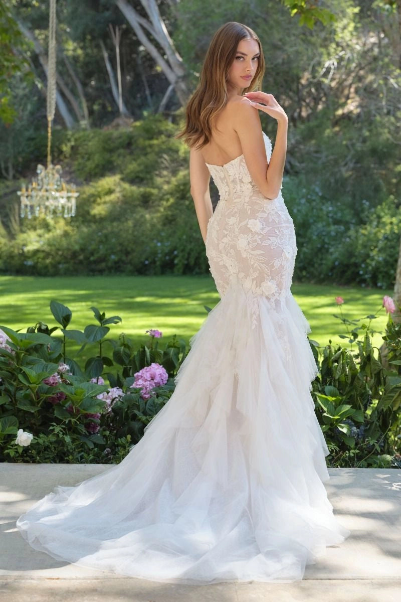 Glamorous 3D Floral Mermaid Strapless Sweetheart Zip Back Ruffled Tulle Wedding Dress