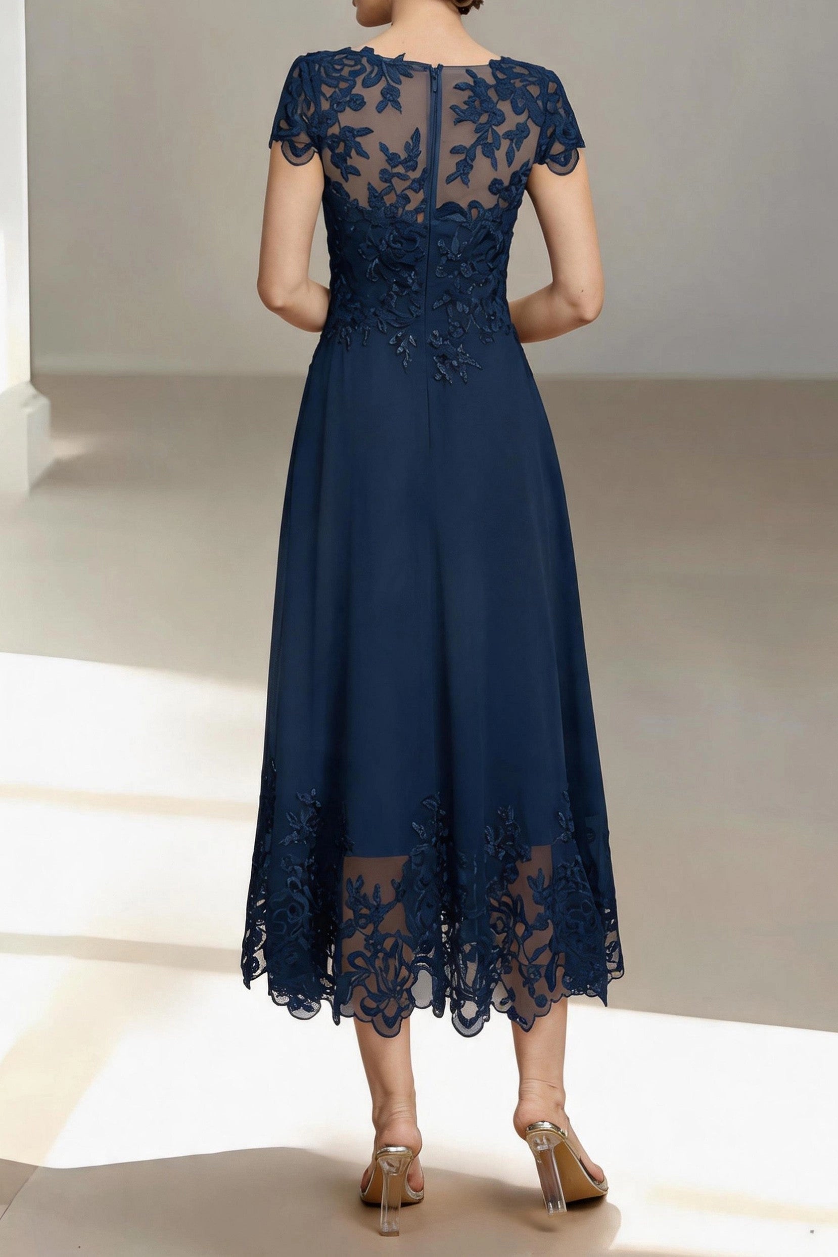 Modest A-Line Bateau Short Sleeve Zip Back Midi Mother Of The Bride Dress