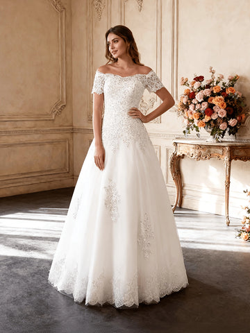 Elegant Ballgown Off Shoulder Short Sleeve Lace Floor Length Wedding Dress