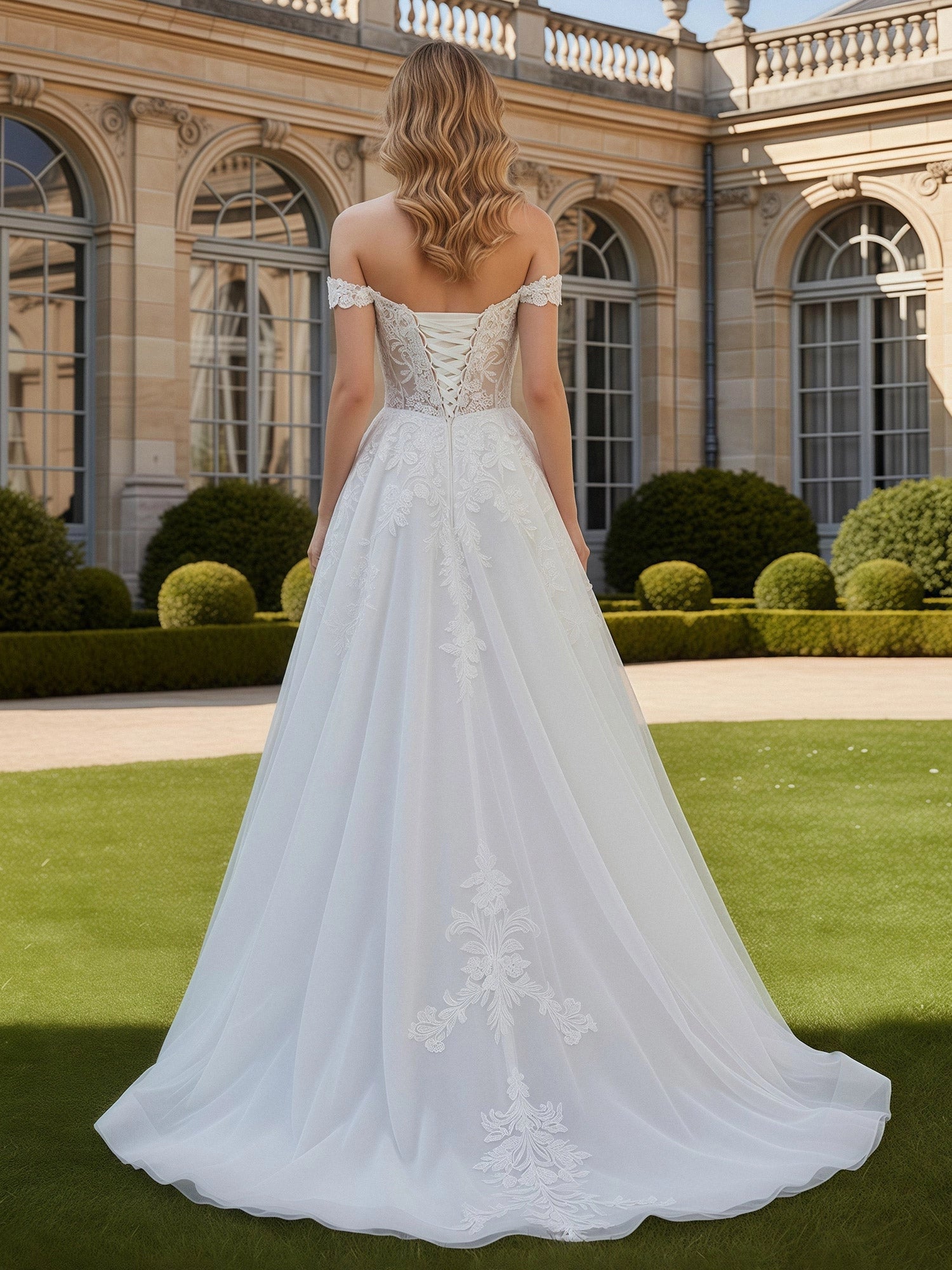 Romantic A-Line Off Shoulder Lace-Up Back Lace Wedding Dress With High Slit