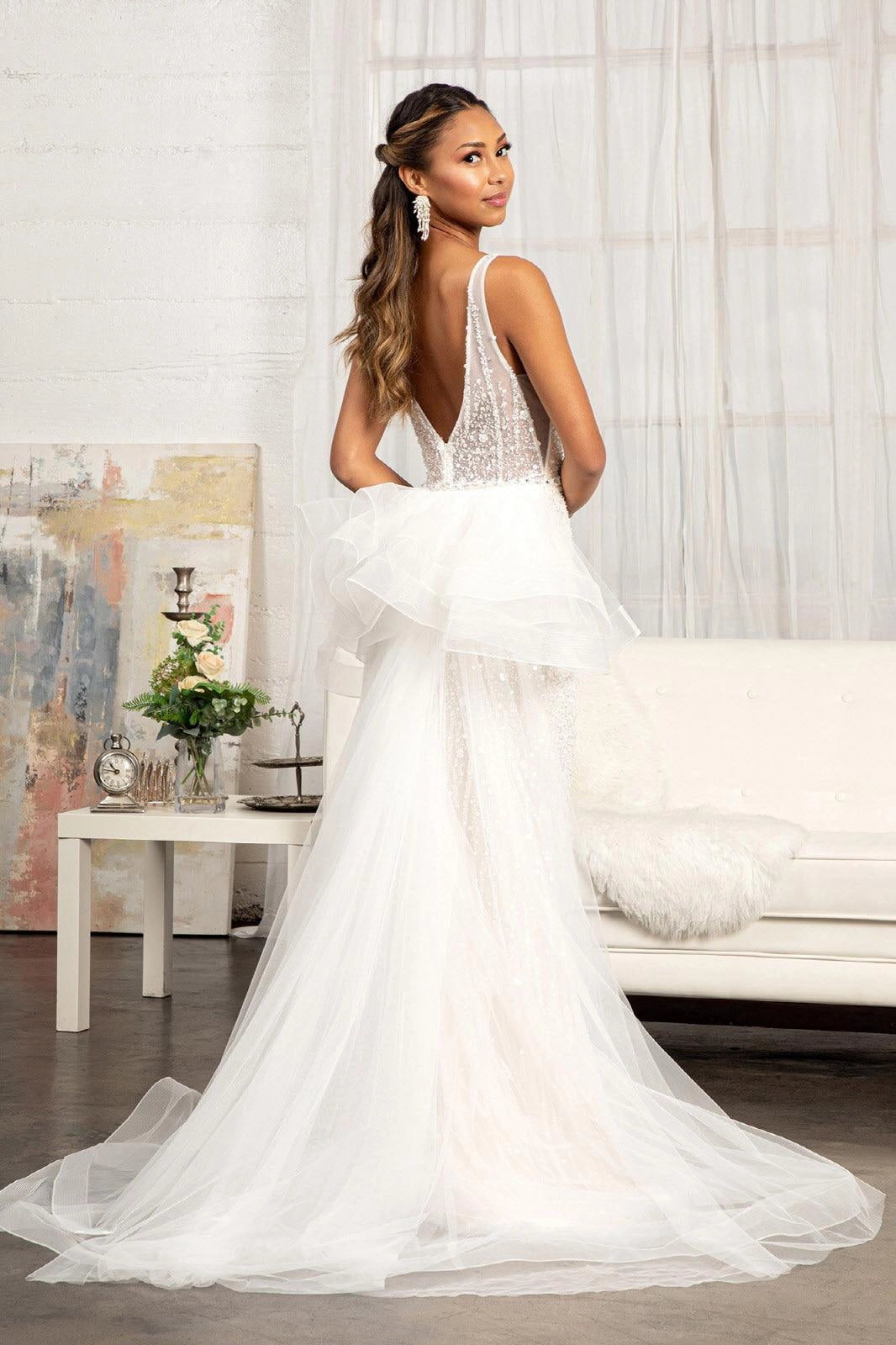 Glam Mermaid V Neck Spaghetti Strap Low Back Detachable Ruffle Tulle Train Wedding Dress