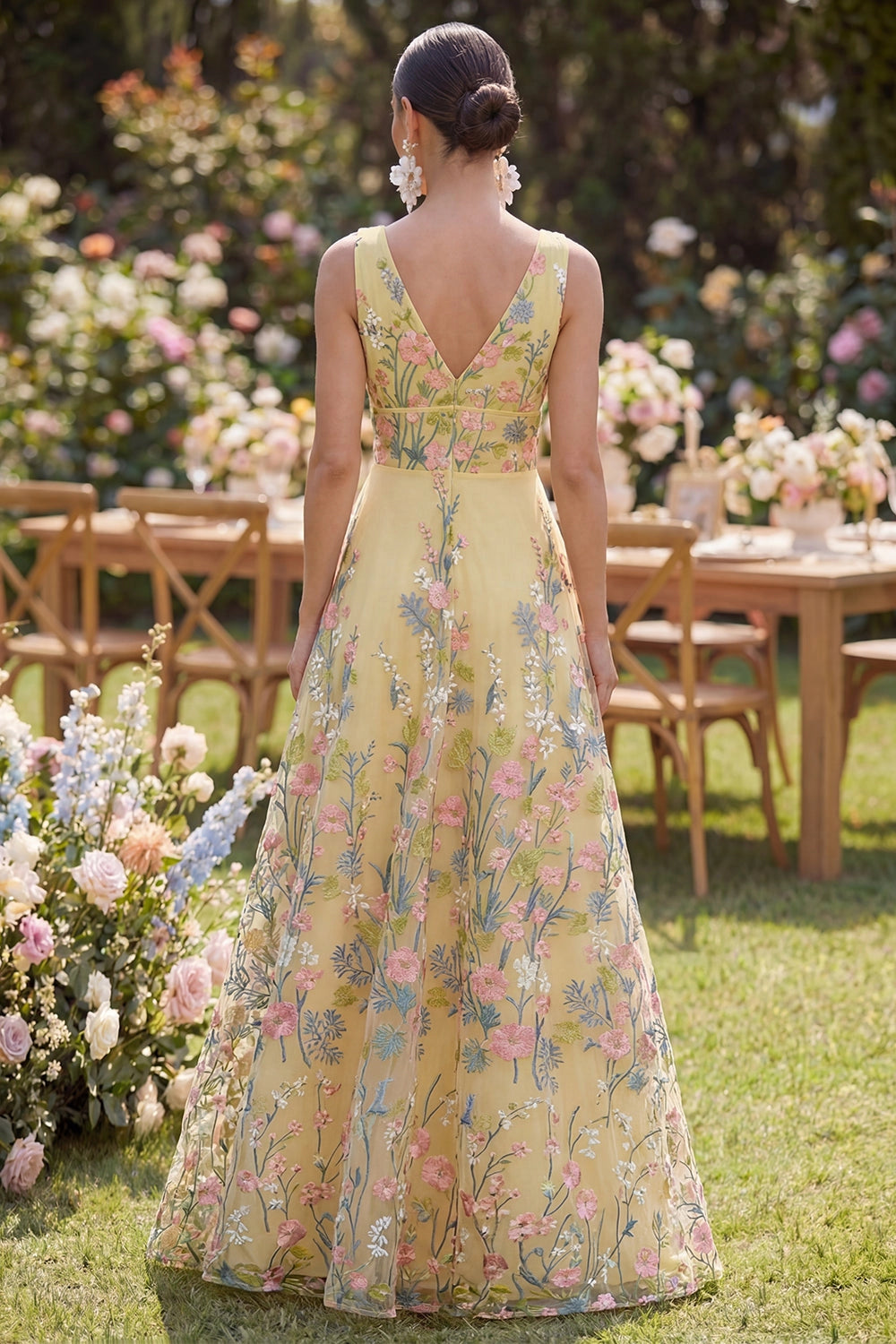 Yellow Floral A-Line Deep V Neck Sleeveless Double V Back Floor Length Prom Dress