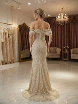Champagne Off Shoulder Spaghetti Strap Sequin Mermaid Long Prom Dress With Train