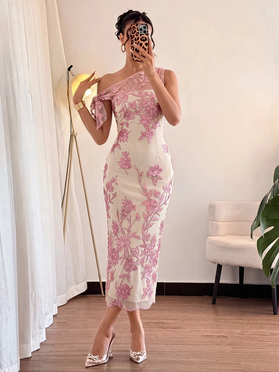 Back view Vedress floral embroidered midi prom dress,hidden zipper back,form‑fitting party gown