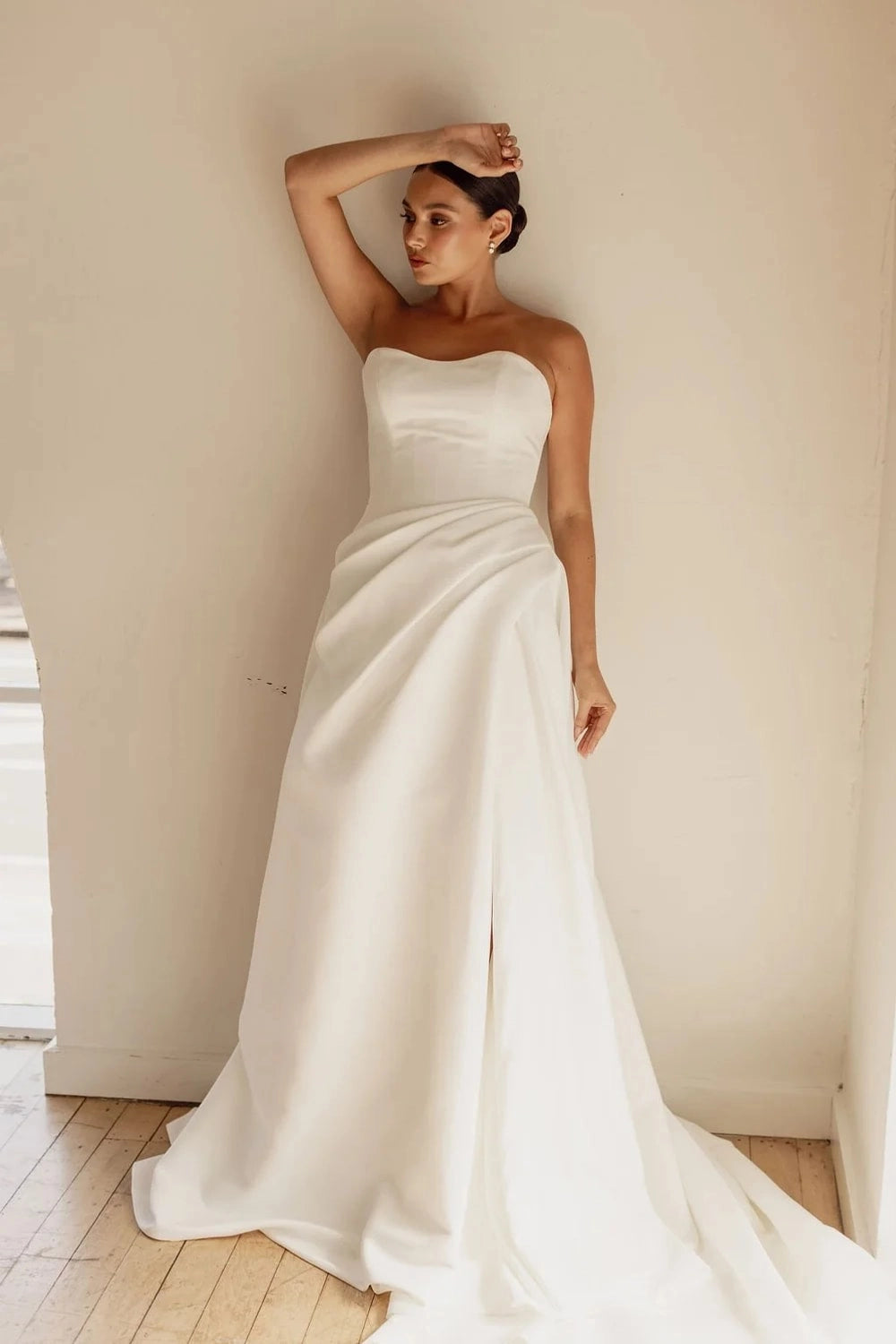 Ivory Satin Off-shoulder Sleeveless Button Back Cathedral Train Wedding Dress