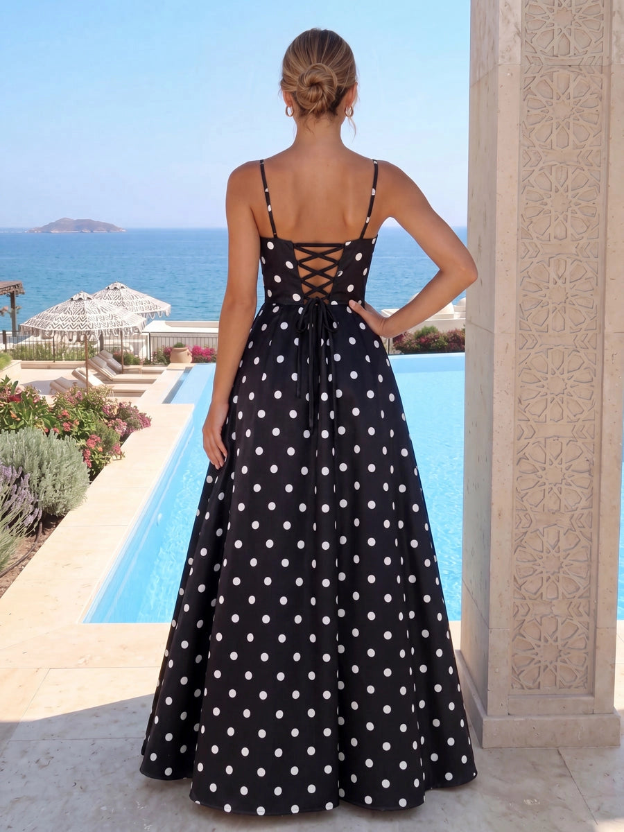 Vedress polka dot prom gown back view,corset crisscross lace‑up tie back,spaghetti straps,full a‑line long skirt,ocean poolside scenery