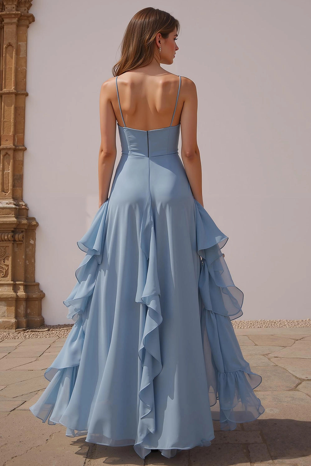 Vedress thin strap open back zipper flowy chiffon formal long gown back view