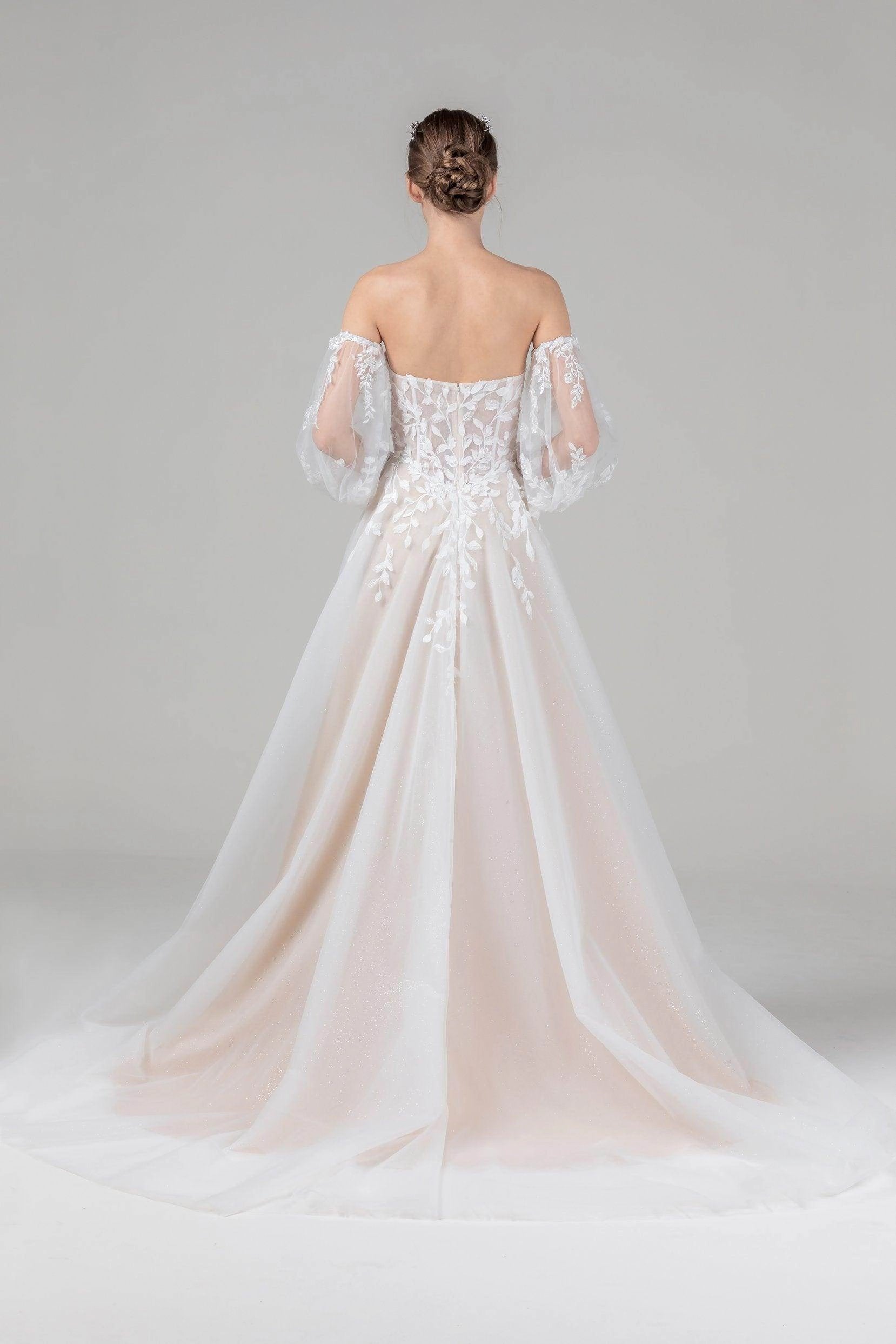 Soft Romantic A-Line Off Shoulder Puff Sleeve Lace Back Chapel Train Bridal Wedding Dress