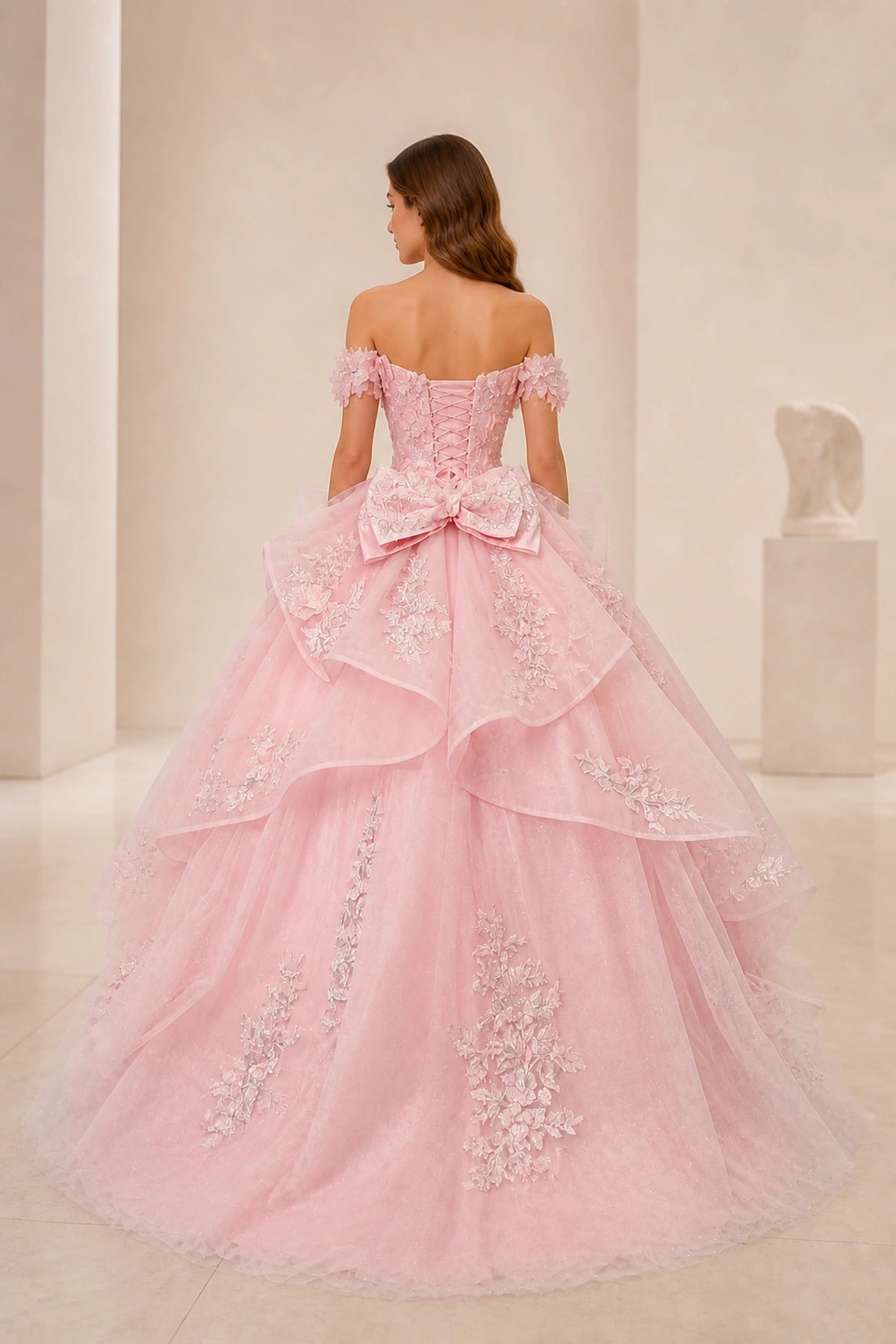 Back view Vedress pink prom gown,corset lace‑up back,large fabric bow,floral embroidery ball skirt