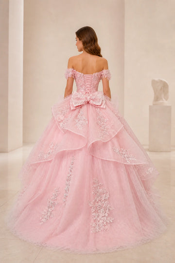 Back view Vedress pink prom gown,corset lace‑up back,large fabric bow,floral embroidery ball skirt