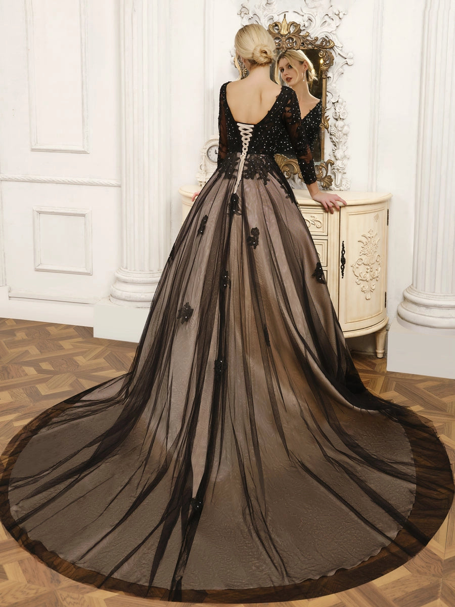 Elegant A Line V Neck Long Sleeve Lace Up Cathedral Train Wedding Dress