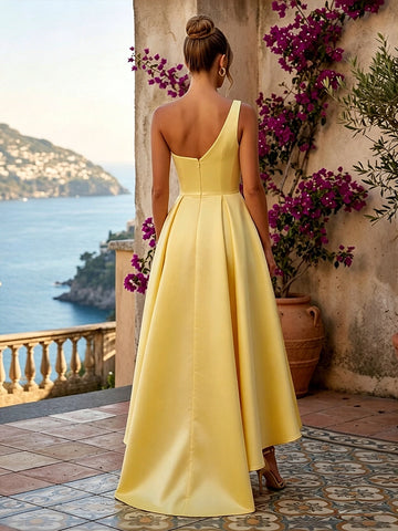 Back view Vedress v‑cut zip‑back glossy satin formal bridesmaid gown