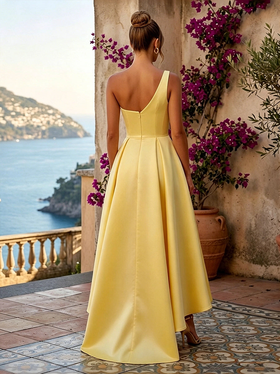 Back view Vedress v‑cut zip‑back glossy satin formal bridesmaid gown