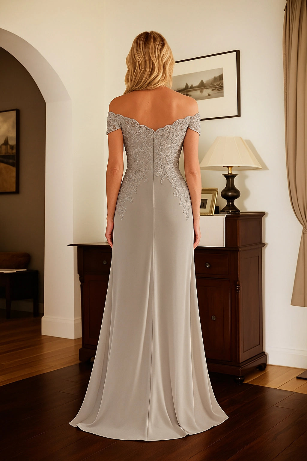 Dusty Gray Off The Shoulder Lace Applique Mermaid Long Mother Of The Bride Dress