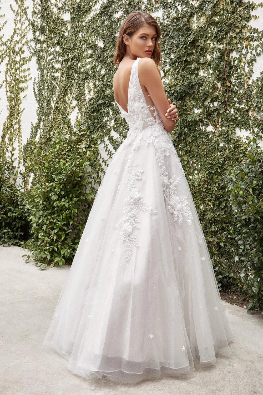 Romantic A-Line V Neck Sleeveless Low V Back 3D Floral Glitter Tulle Train Wedding Dress