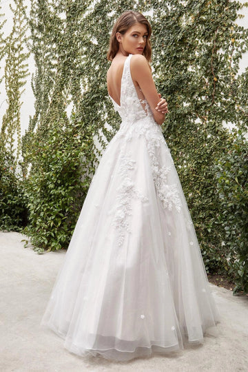 Romantic A-Line V Neck Sleeveless Low V Back 3D Floral Glitter Tulle Train Wedding Dress