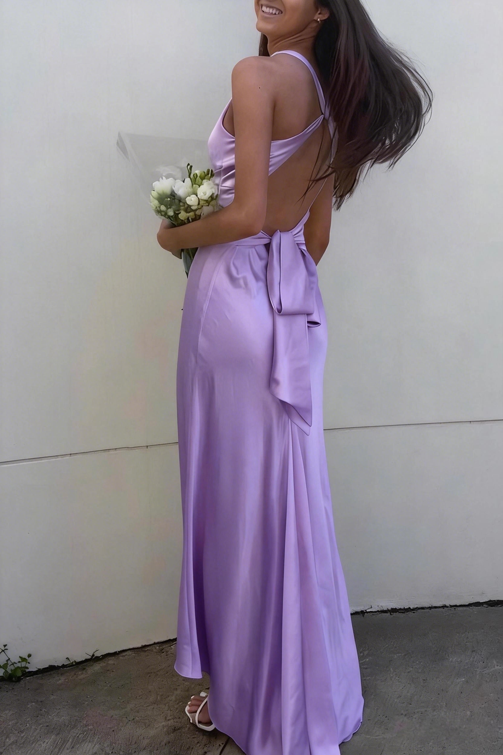 Vedress open‑back big satin bow lavender halter formal maxi dress back‑shot