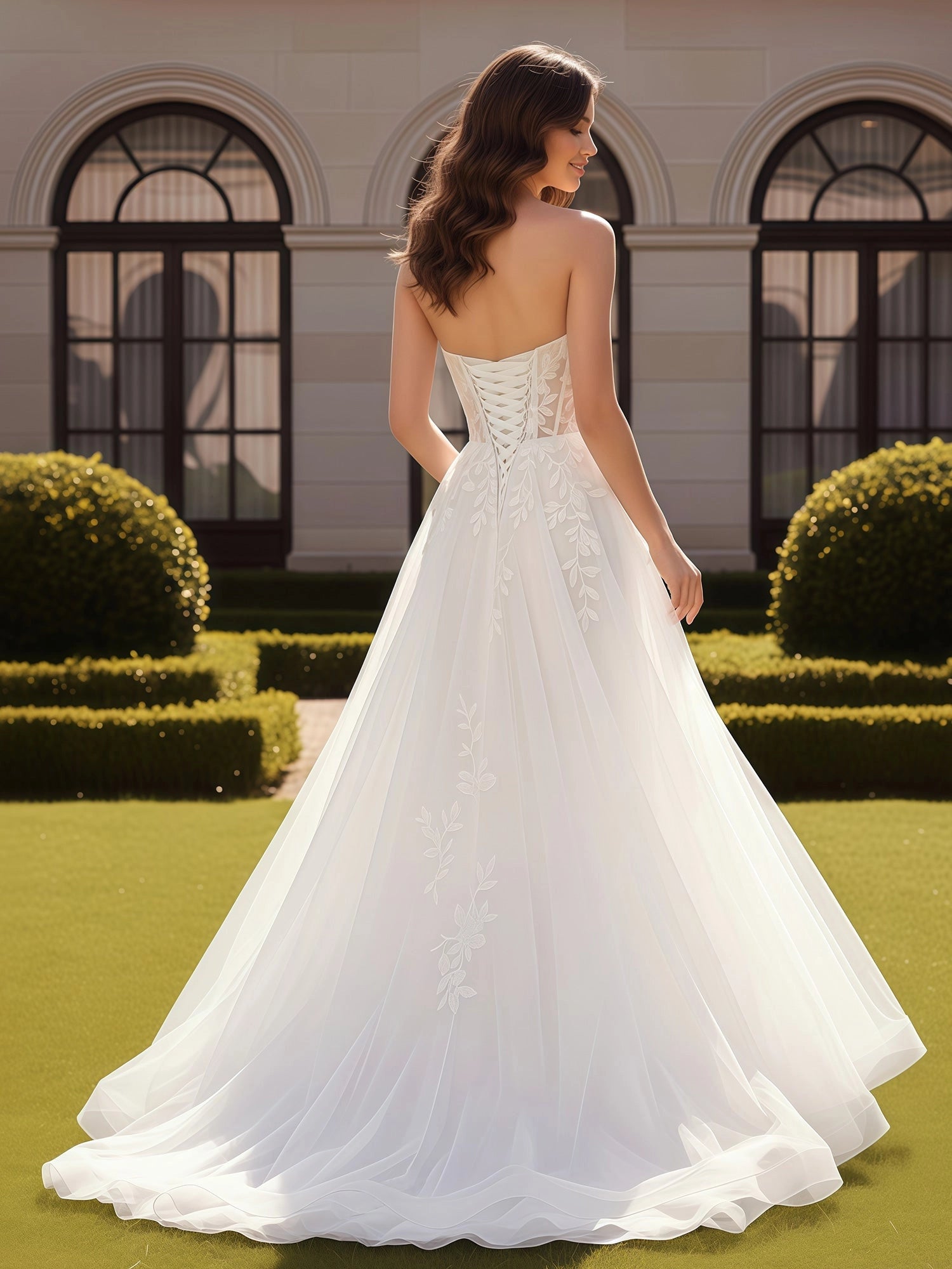 Romantic A-Line Strapless Lace-Up Back Lace Wedding Dress With High Slit