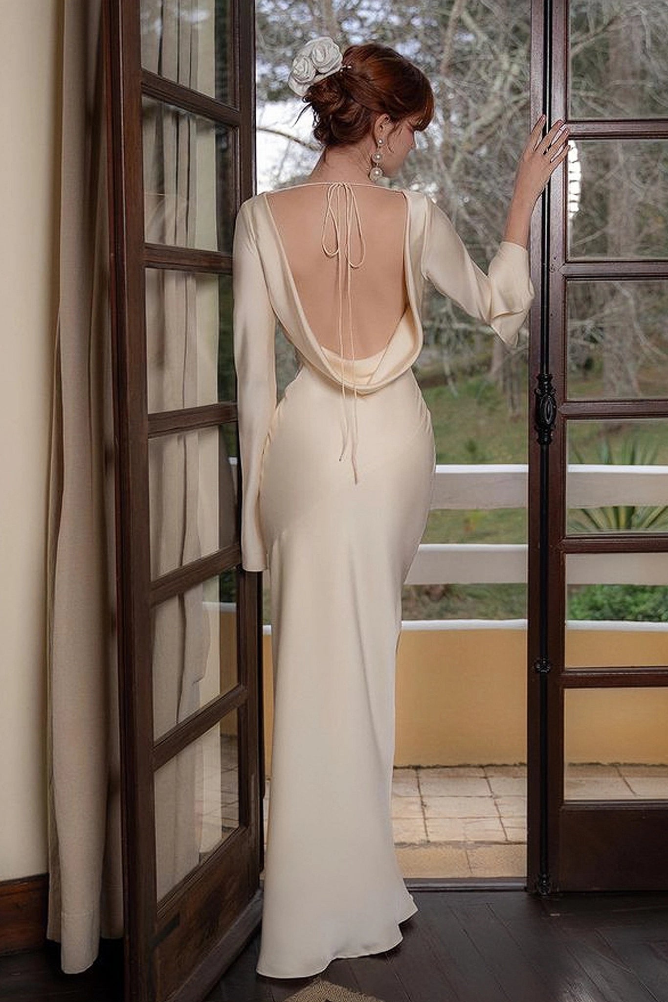 Mermaid Satin Boat‑Neck Long‑Sleeve Draped Tie‑Back Maxi Prom Dress