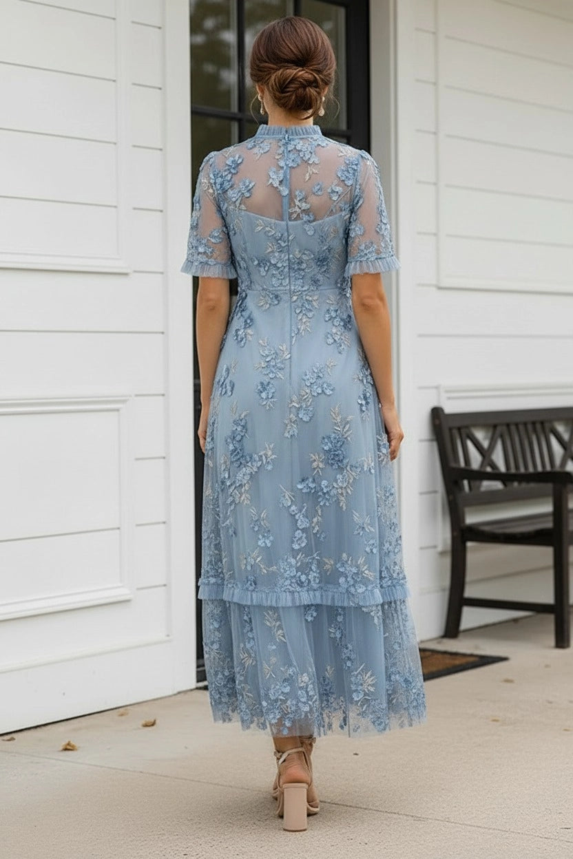 Dusty Blue A-line High Neck Short Sleeve Ankle Length Mother of Bride Dress