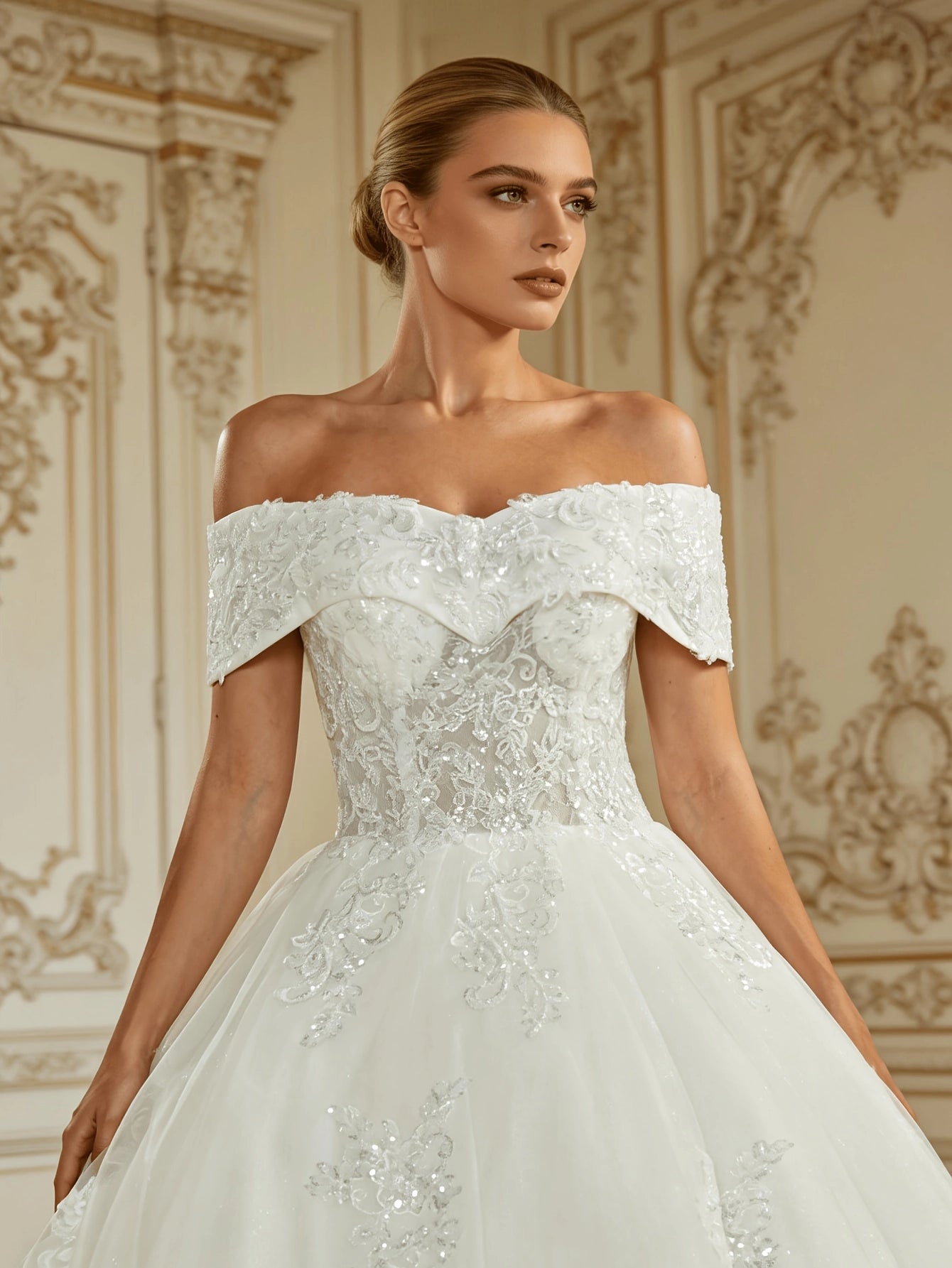 Romantic Ballgown Off Shoulder Short Sleeve Lace Up Back Cathedral Train Bridal Wedding Dress