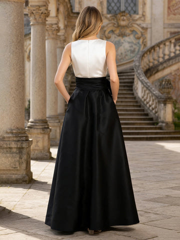 Back view Vedress contrast‑color satin bridesmaid gown with invisible centre‑back zipper