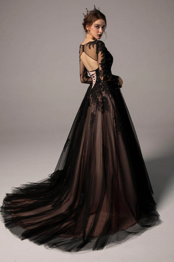 Luxury Gothic A-Line V-Neck Long Sleeve Lace Up Corset Back Chapel Train Black Wedding Dress