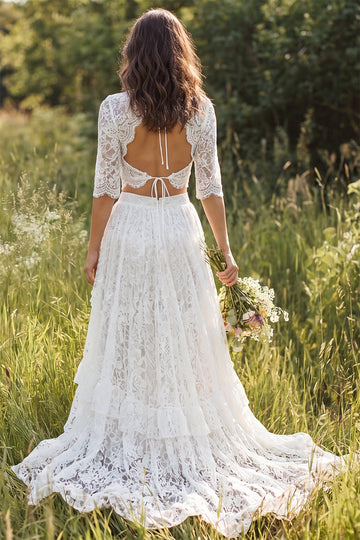 Vedress tie keyhole back lace two piece wedding dress tiered ruffle train grassland backdrop