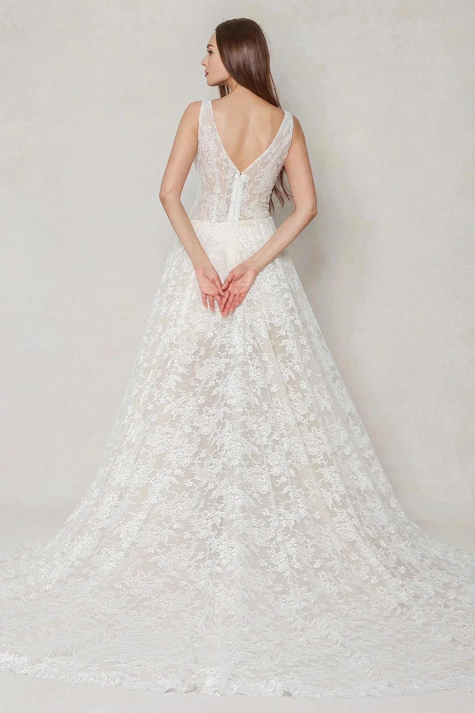 Romantic A-Line V Neck Sleeveless Zip Back Lace Wedding Dress With Train