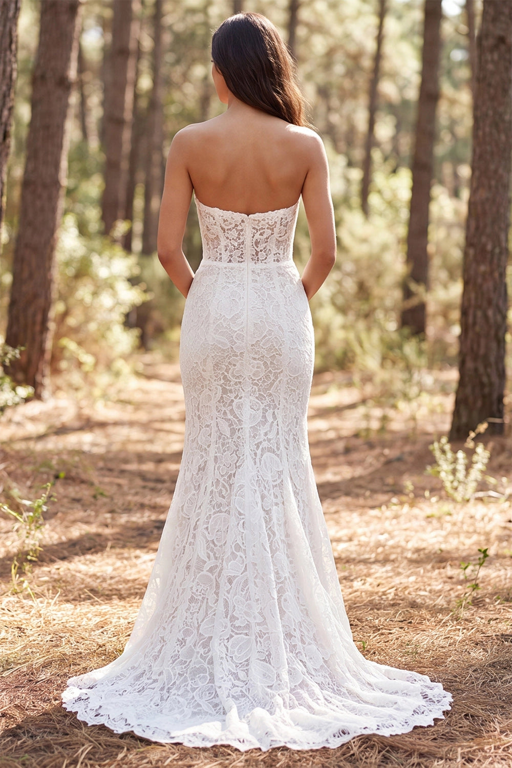 Vedress zip back strapless sheer lace mermaid bridal gown sweep train forest back view