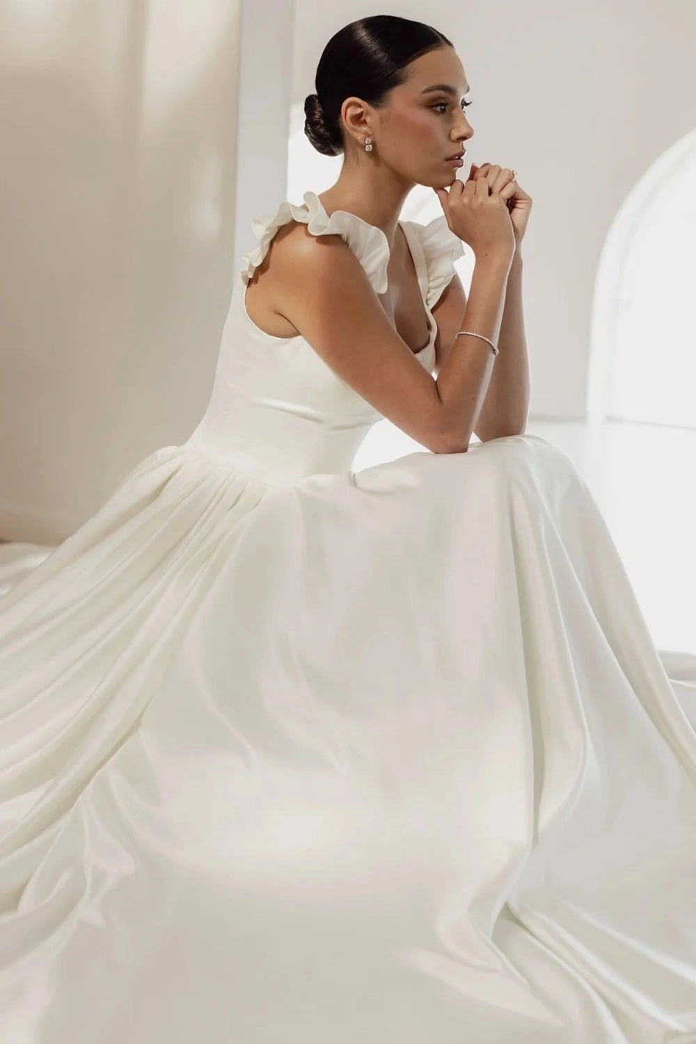 Ivory Satin Soft Ballgown Square Neck Ruffle Strap V Back Cathedral Train Wedding Dress