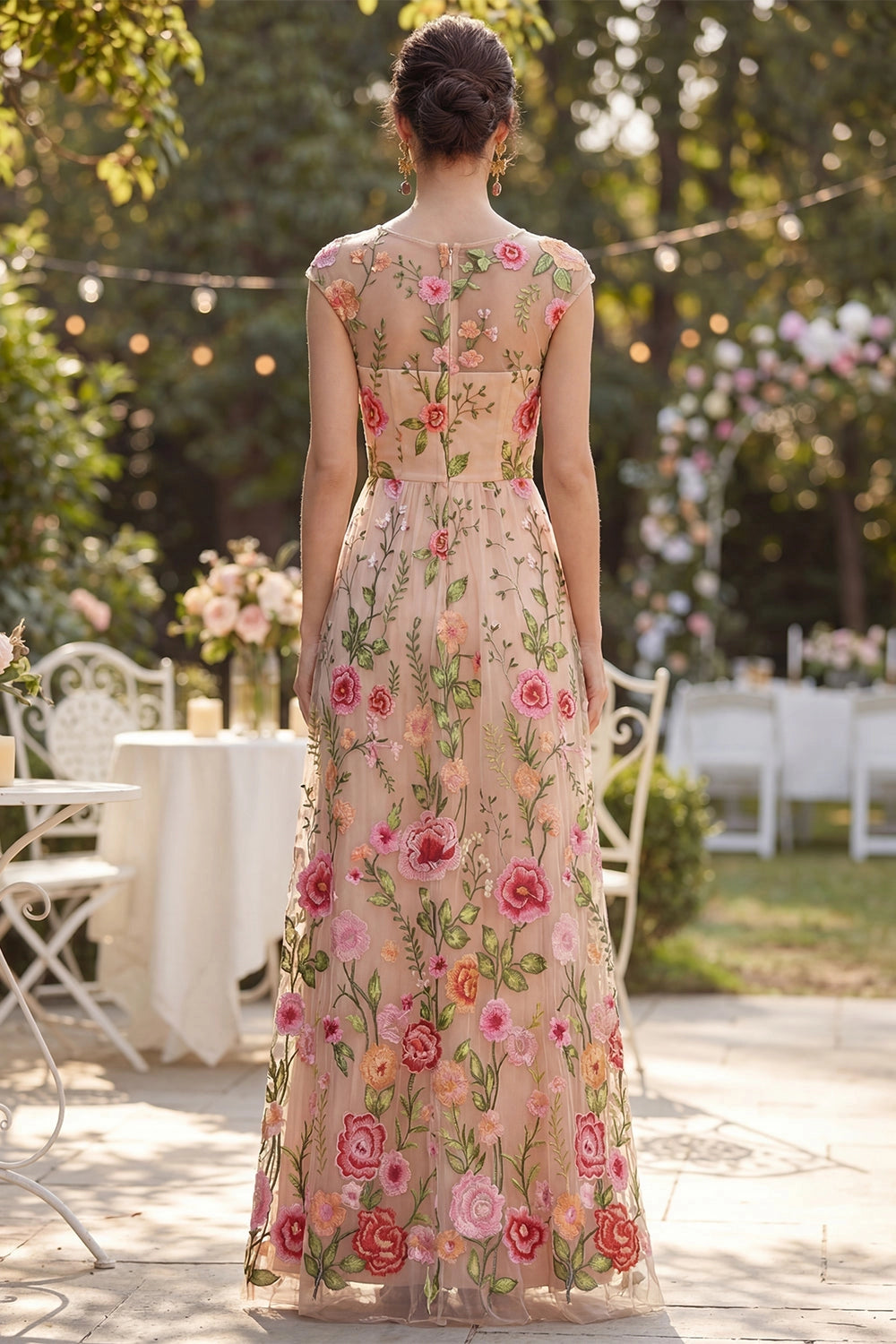Vedress Sheer Mesh Back Floral Embroidered Floor Length Wedding Guest Dress With Zipper Closure