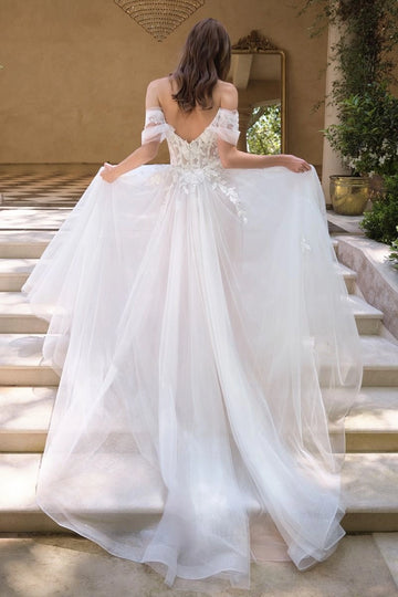 Dreamy A-Line Off Shoulder Short Sleeve V Back Tulle Train Wedding Dress