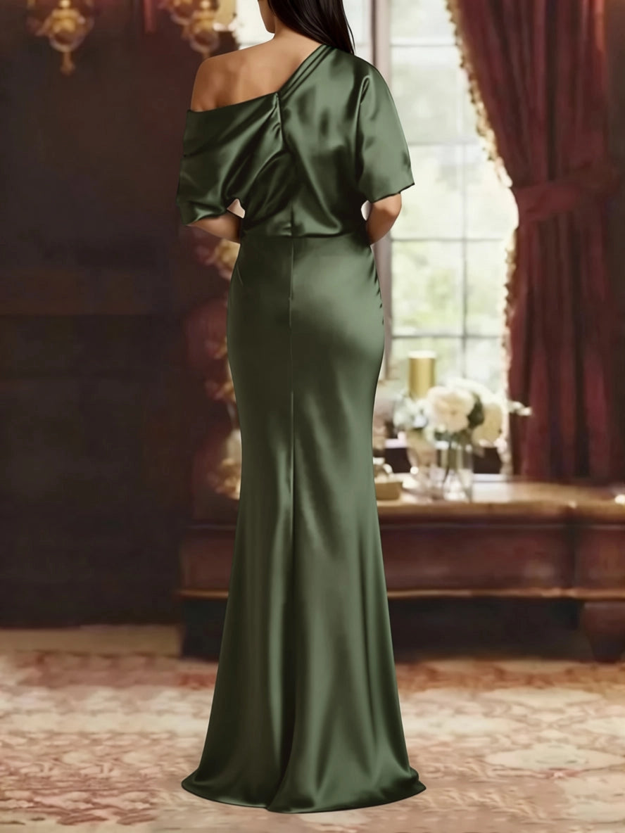 Back view Vedress satin formal mother gown,asymmetrical open back,elegant draped detail