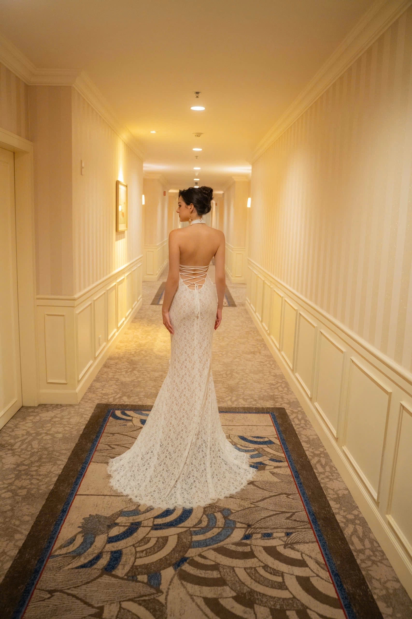 Vedress bridal lace gown hollow‑out crisscross lace‑up open‑back rear‑view