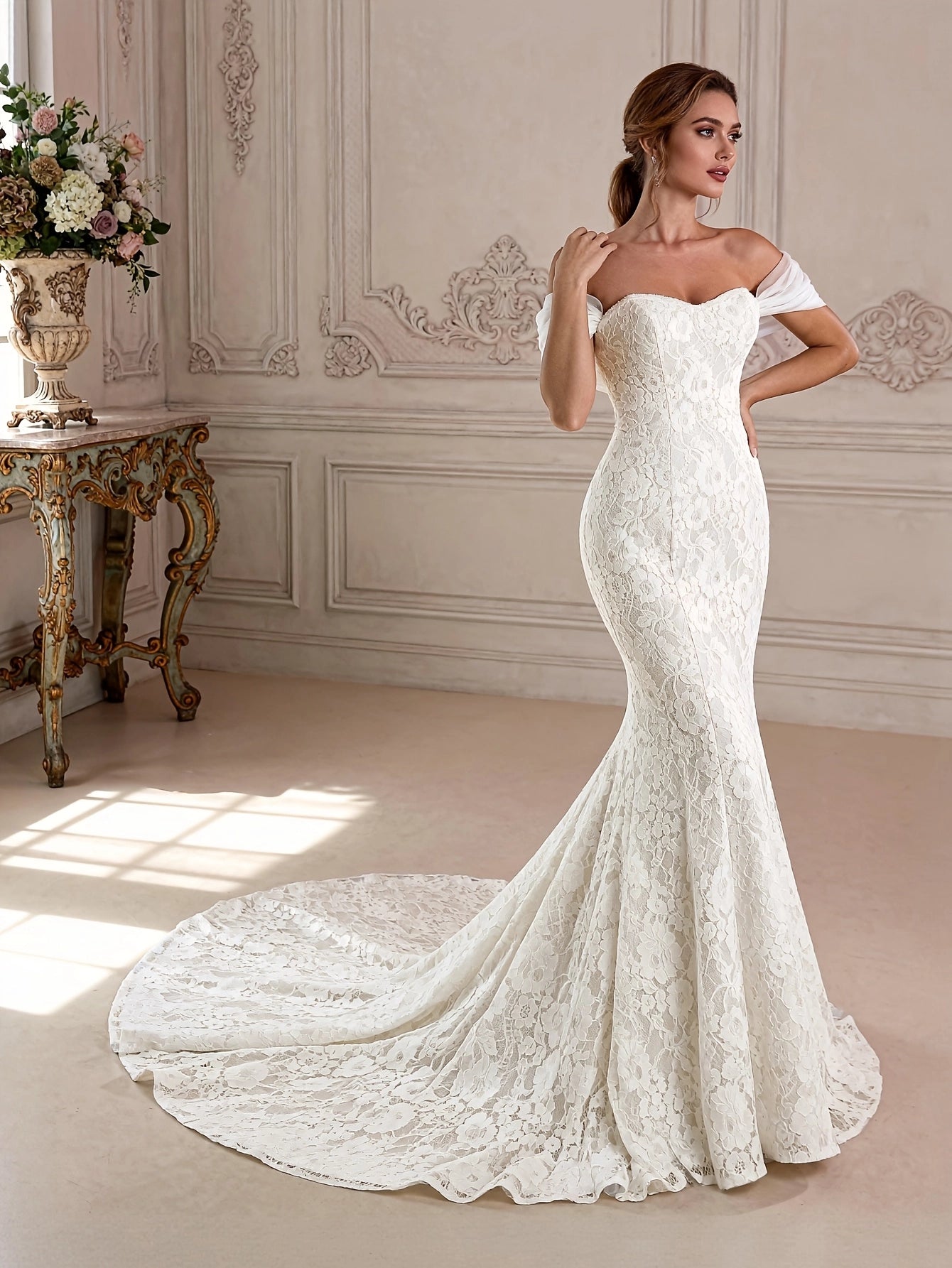 Luxury Mermaid Sweetheart Off Shoulder Lace Up Back Cathedral Train Bridal Wedding Dress