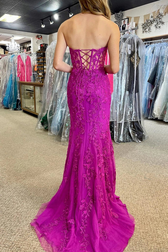 Vedress criss‑cross lace‑up sheer back fuchsia floral‑appliqué mermaid formal gown