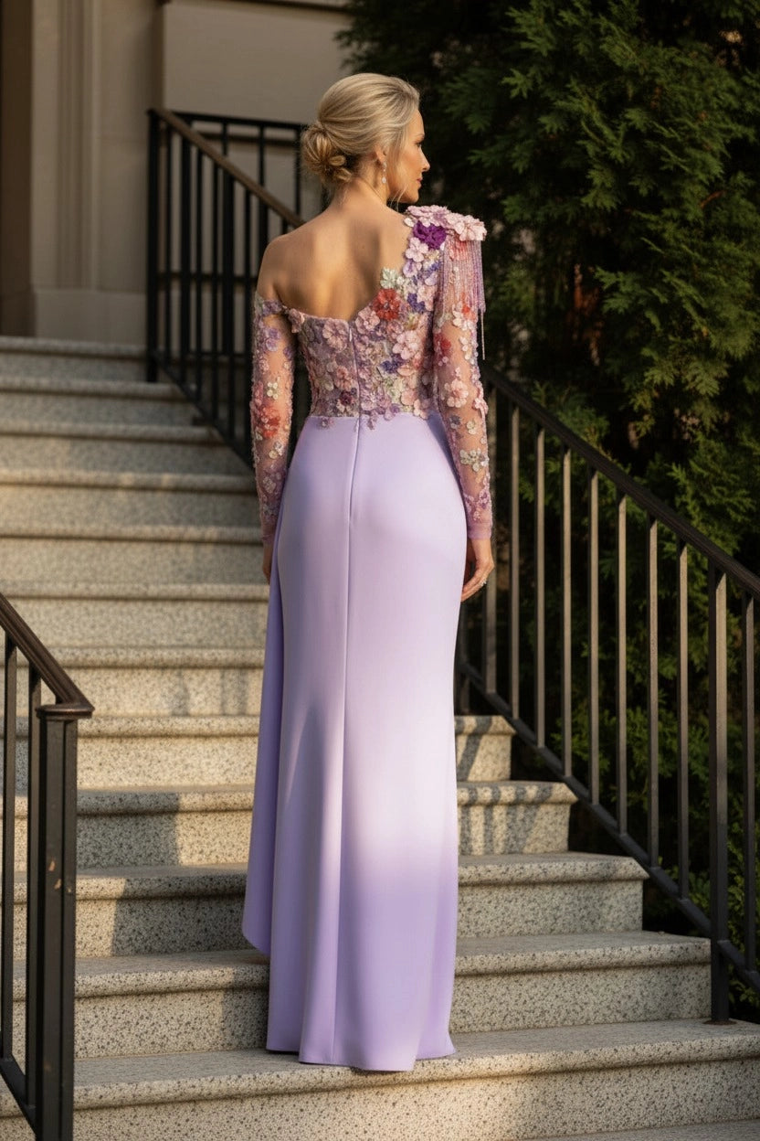 Lavender Mermaid One Shoulder Long Sleeve Open Back Mother of Bride Dress
