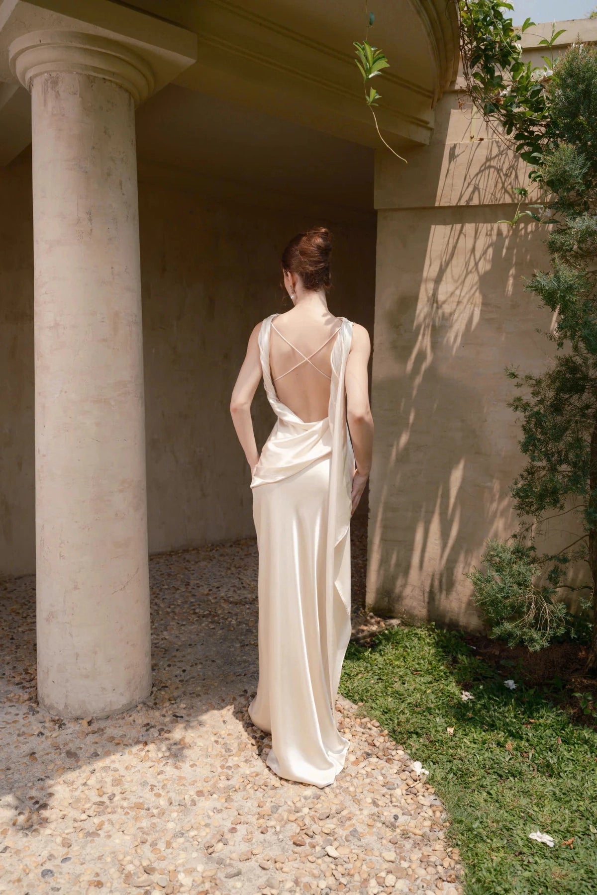Elegant Mermaid Cowl Sleeveless Cross‑Draped‑Back Floor‑Length Wedding Dress