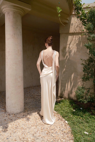Elegant Mermaid Cowl Sleeveless Cross‑Draped‑Back Floor‑Length Wedding Dress