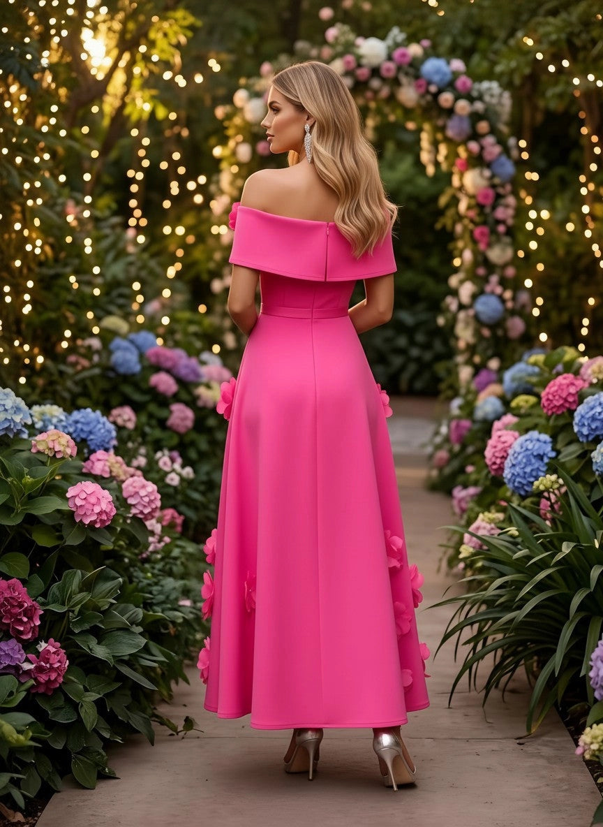 Vedress solid closed‑back bright pink floral formal midi gown back view